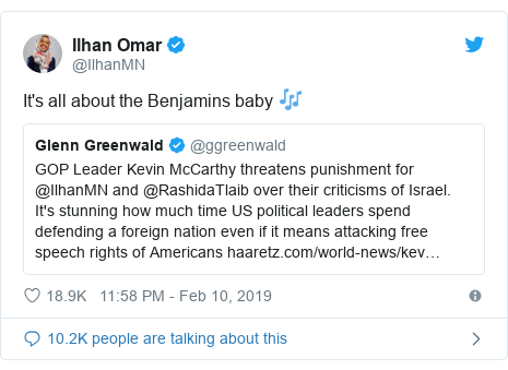Twitter post by @IlhanMN: It's all about the Benjamins baby 🎶 