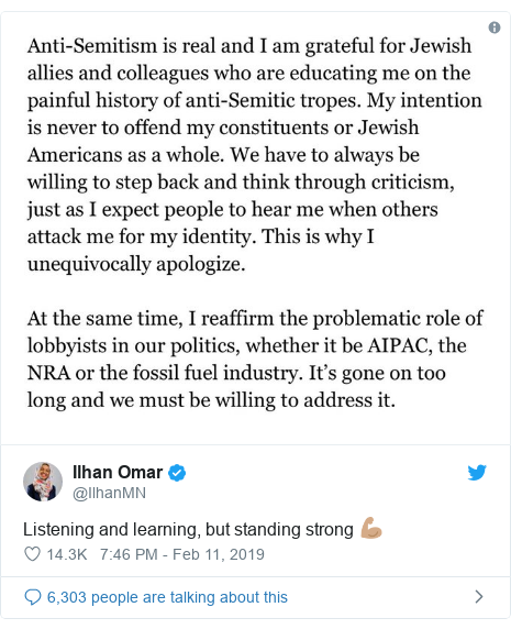 Twitter post by @IlhanMN: Listening and learning, but standing strong 💪🏽 