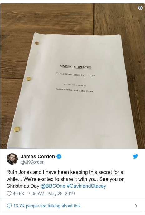 Twitter post by @JKCorden: Ruth Jones and I have been keeping this secret for a while... We’re excited to share it with you. See you on Christmas Day ⁦@BBCOne⁩ #GavinandStacey 