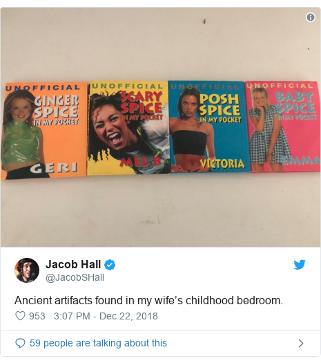 Twitter post by @JacobSHall: Ancient artifacts found in my wife’s childhood bedroom. 