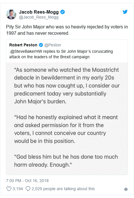 Twitter post by @Jacob_Rees_Mogg: Pity Sir John Major who was so heavily rejected by voters in 1997 and has never recovered. 