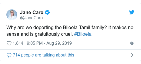 Twitter post by @JaneCaro: Why are we deporting the Biloela Tamil family? It makes no sense and is gratuitously cruel. #Biloela