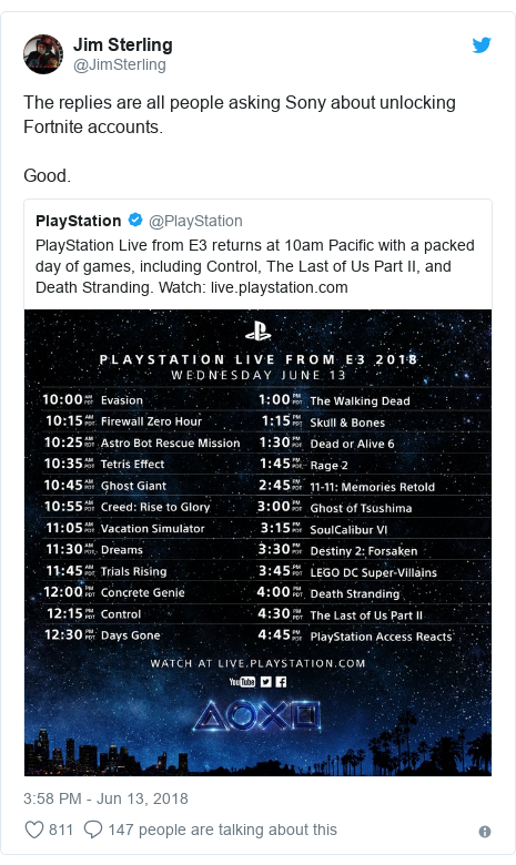 Twitter post by @JimSterling: The replies are all people asking Sony about unlocking Fortnite accounts. Good. 
