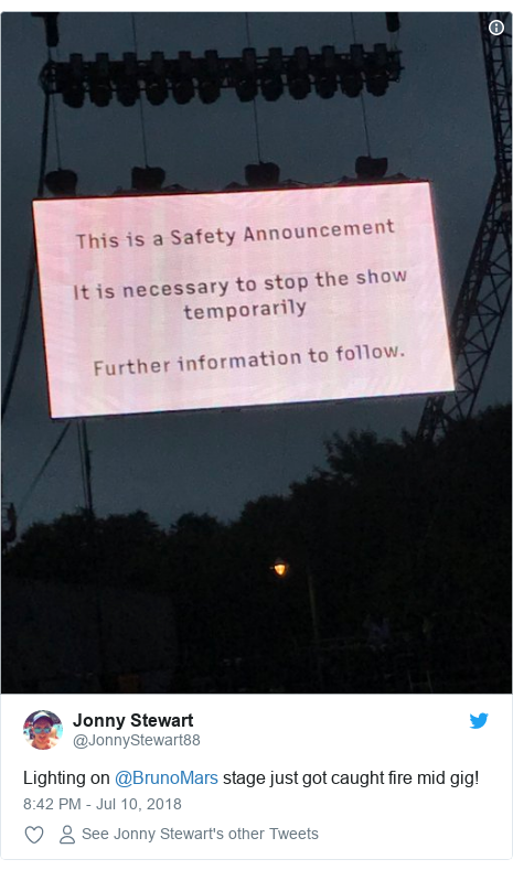 Twitter post by @JonnyStewart88: Lighting on @BrunoMars stage just got caught fire mid gig! 