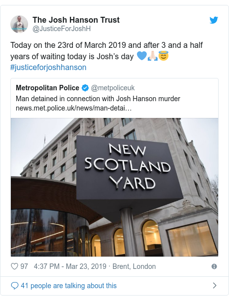 Twitter post by @JusticeForJoshH: Today on the 23rd of March 2019 and after 3 and a half years of waiting today is Josh’s day 💙🙏🏻😇 #justiceforjoshhanson 