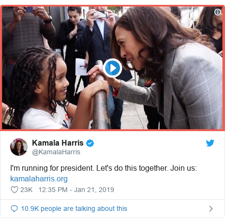 Twitter post by @KamalaHarris: I'm running for president. Let's do this together. Join us   