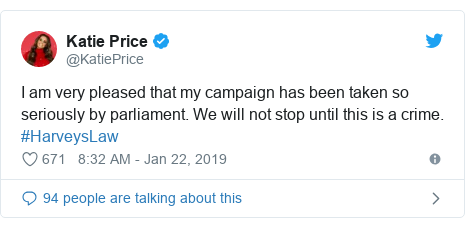 Twitter post by @KatiePrice: I am very pleased that my campaign has been taken so seriously by parliament. We will not stop until this is a crime. #HarveysLaw