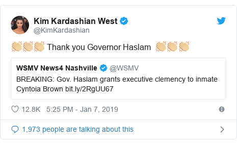 Twitter post by @KimKardashian: 👏🏼👏🏼👏🏼 Thank you Governor Haslam  👏🏼👏🏼👏🏼 