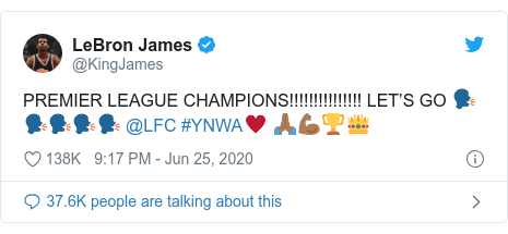 Twitter post by @KingJames: PREMIER LEAGUE CHAMPIONS!!!!!!!!!!!!!!! LET’S GO 🗣🗣🗣🗣🗣 @LFC #YNWA♥️ 🙏🏾💪🏾🏆👑