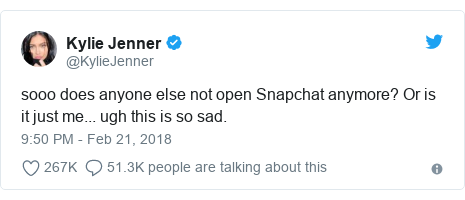 Twitter post by @KylieJenner: sooo does anyone else not open Snapchat anymore? Or is it just me... ugh this is so sad.