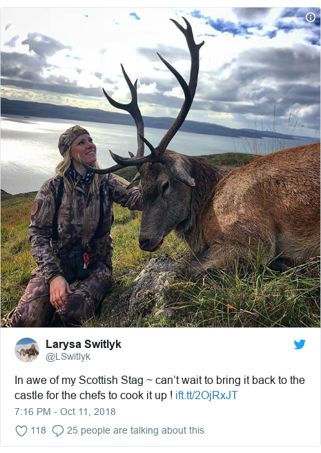Twitter post by @LSwitlyk: In awe of my Scottish Stag ~ can’t wait to bring it back to the castle for the chefs to cook it up !  