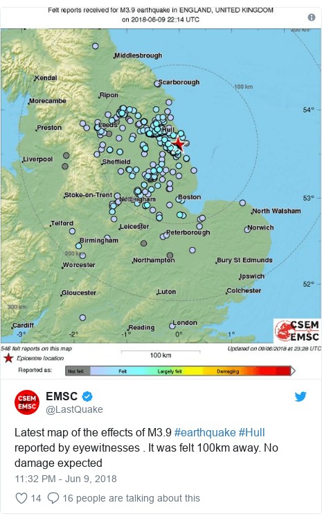 Twitter post by @LastQuake: Latest map of the effects of M3.9 #earthquake #Hull reported by eyewitnesses . It was felt 100km away. No damage expected 
