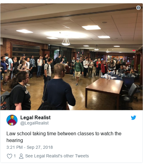 Twitter post by @LegalRealist: Law school taking time between classes to watch the hearing 