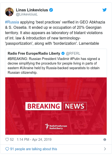 Twitter post by @LinkeviciusL: #Russia applying ‘best practices’ verified in GEO Abkhazia & S. Ossetia. It ended up w occupation of 20% Georgian territory. It also appears as laboratory of blatant violations of int. law & introduction of new terminology-'passportization', along with 'borderization'. Lamentable 
