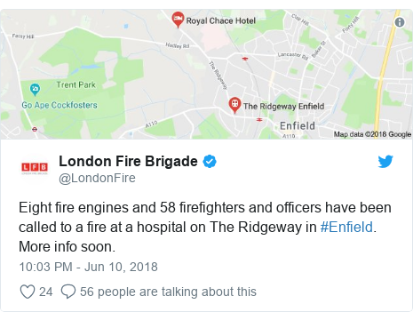 Twitter post by @LondonFire: Eight fire engines and 58 firefighters and officers have been called to a fire at a hospital on The Ridgeway in #Enfield. More info soon. 