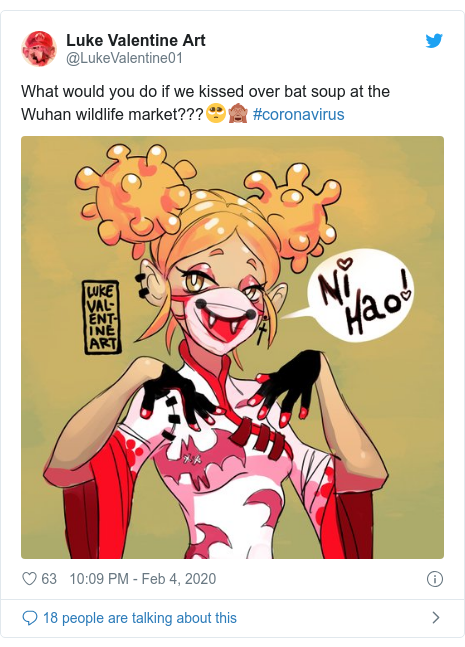 Twitter post by @LukeValentine01: What would you do if we kissed over bat soup at the Wuhan wildlife market???🥺🙈 #coronavirus 