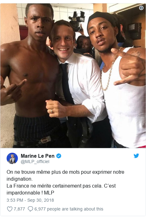 Twitter post by @MLP_officiel: On ne trouve même plus de mots pour exprimer notre indignation.La France ne mérite certainement pas cela. C’est impardonnable ! MLP 