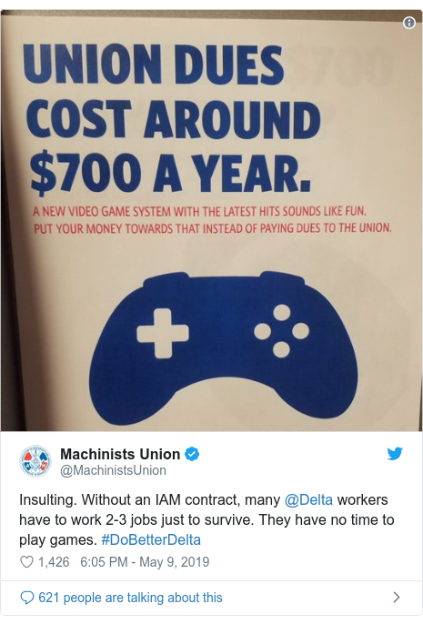 Twitter post by @MachinistsUnion: Insulting. Without an IAM contract, many @Delta workers have to work 2-3 jobs just to survive. They have no time to play games. #DoBetterDelta 