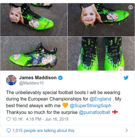 Twitter post by @Madders10: The unbelievably special football boots I will be wearing during the European Championships for @England . My best friend always with me 🧡 @SuperStrongSoph Thankyou so much for the surprise @pumafootball 🏴󠁧󠁢󠁥󠁮󠁧󠁿 