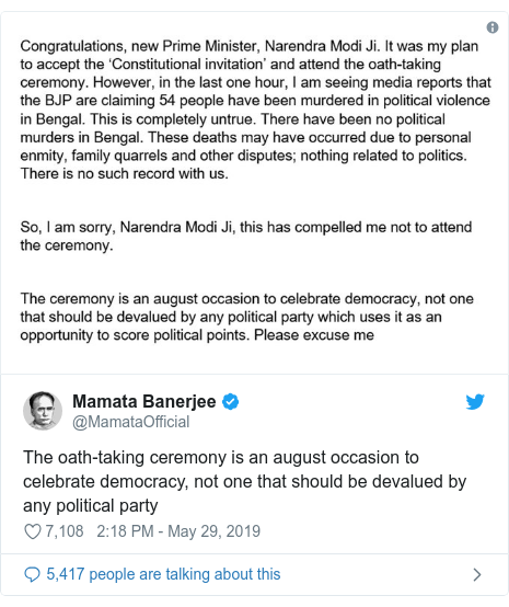 Twitter post by @MamataOfficial: The oath-taking ceremony is an august occasion to celebrate democracy, not one that should be devalued by any political party 
