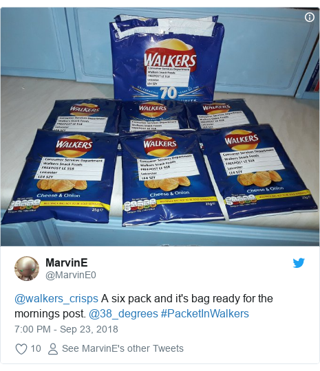 Twitter post by @MarvinE0: @walkers_crisps A six pack and it's bag ready for the mornings post. @38_degrees #PacketInWalkers 