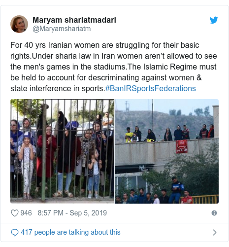 Twitter post by @Maryamshariatm: For 40 yrs Iranian women are struggling for their basic rights.Under sharia law in Iran women aren’t allowed to see the men's games in the stadiums.The Islamic Regime must be held to account for descriminating against women & state interference in sports.#BanIRSportsFederations 