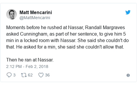 Twitter post by @MattMencarini: Moments before he rushed at Nassar, Randall Margraves asked Cunningham, as part of her sentence, to give him 5 min in a locked room with Nassar. She said she couldn't do that. He asked for a min, she said she couldn't allow that. Then he ran at Nassar.