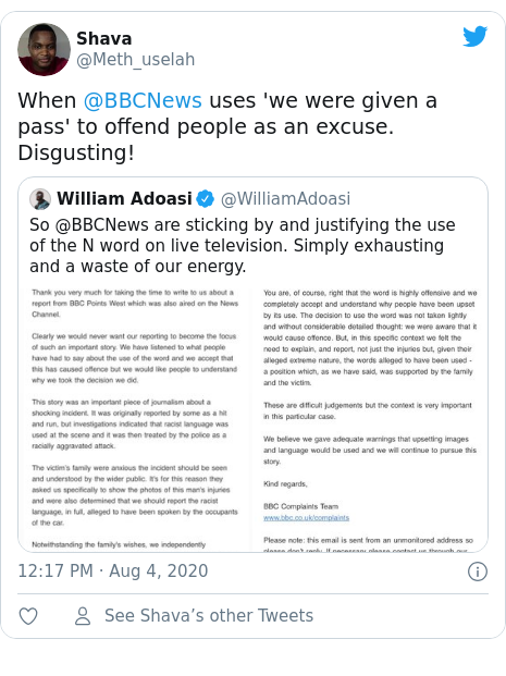 Twitter post by @Meth_uselah: When @BBCNews uses 'we were given a pass' to offend people as an excuse. Disgusting! 