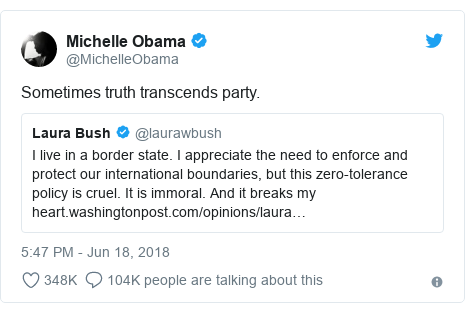 Twitter post by @MichelleObama: Sometimes truth transcends party. 