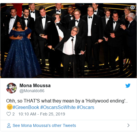 Twitter post by @Monaldo86: Ohh, so THAT'S what they mean by a 'Hollywood ending'.. 😑#GreenBook #OscarsSoWhite #Oscars 