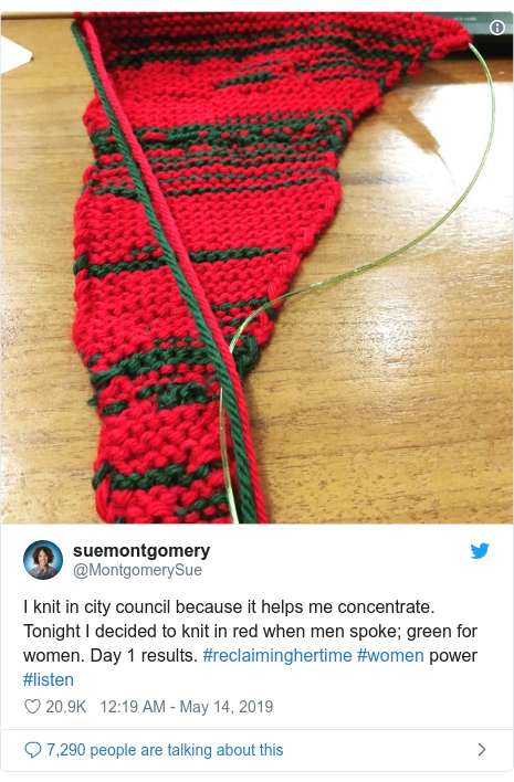 Twitter post by @MontgomerySue: I knit in city council because it helps me concentrate. Tonight I decided to knit in red when men spoke; green for women. Day 1 results. #reclaiminghertime #women power #listen 