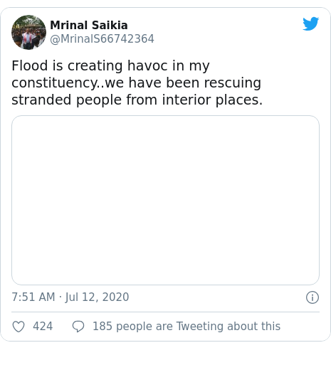 Twitter post by @MrinalS66742364: Flood is creating havoc in my constituency..we have been rescuing stranded people from interior places. 