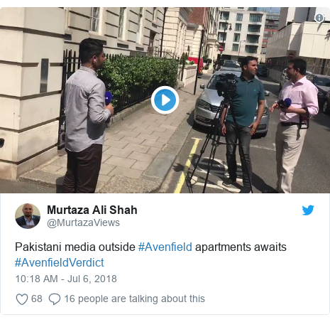 Twitter post by @MurtazaViews: Pakistani media outside #Avenfield apartments awaits #AvenfieldVerdict 