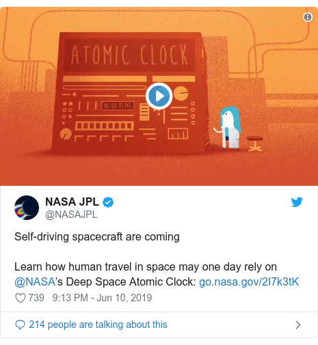 Twitter post by @NASAJPL: Self-driving spacecraft are comingLearn how human travel in space may one day rely on @NASA’s Deep Space Atomic Clock   