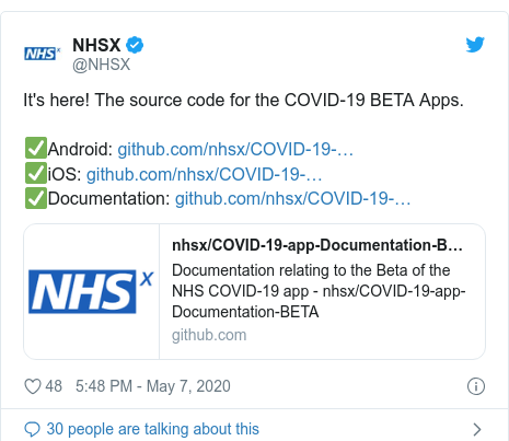 Twitter post by @NHSX: It's here! The source code for the COVID-19 BETA Apps.✅Android  ✅iOS  ✅Documentation  