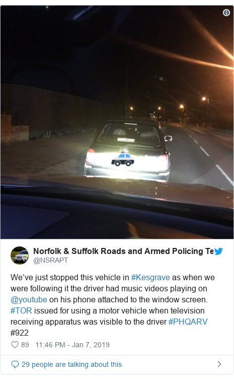 Twitter post by @NSRAPT: We’ve just stopped this vehicle in #Kesgrave as when we were following it the driver had music videos playing on @youtube on his phone attached to the window screen. #TOR issued for using a motor vehicle when television receiving apparatus was visible to the driver #PHQARV #922 