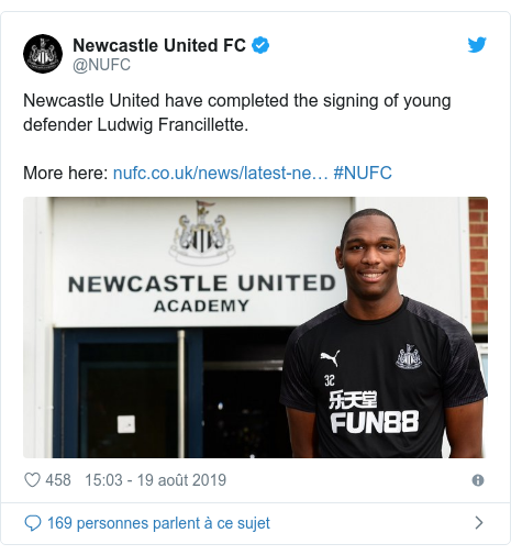 Twitter publication par @NUFC: Newcastle United have completed the signing of young defender Ludwig Francillette.More here   #NUFC 