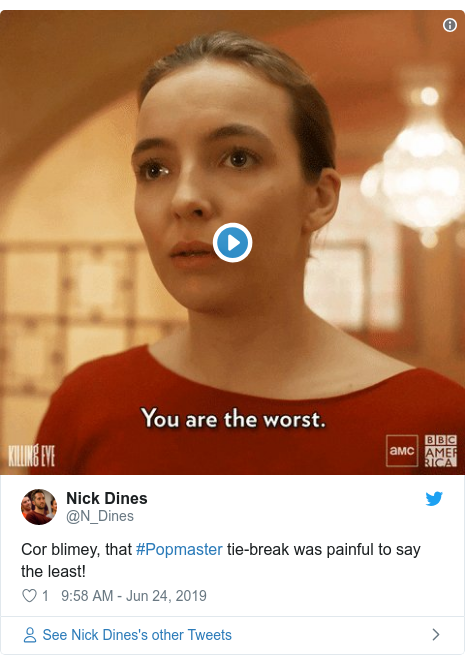 Twitter post by @N_Dines: Cor blimey, that #Popmaster tie-break was painful to say the least! 