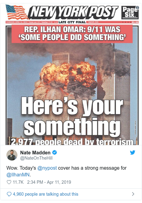 Twitter post by @NateOnTheHill: Wow. Today's @nypost cover has a strong message for @IlhanMN. 