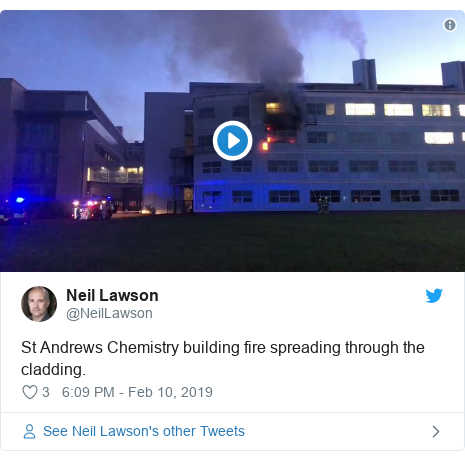 Twitter post by @NeilLawson: St Andrews Chemistry building fire spreading through the cladding. 