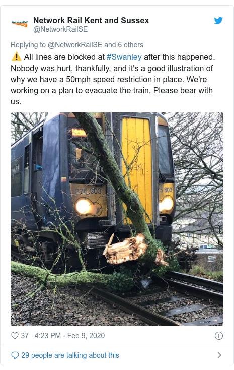 Twitter post by @NetworkRailSE: ⚠️ All lines are blocked at #Swanley after this happened. Nobody was hurt, thankfully, and it's a good illustration of why we have a 50mph speed restriction in place. We're working on a plan to evacuate the train. Please bear with us. 