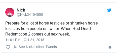 Twitter post by @Nick34104550: Prepare for a lot of horse testicles or shrunken horse testicles from people on twitter. When Red Dead Redemption 2 comes out next week.