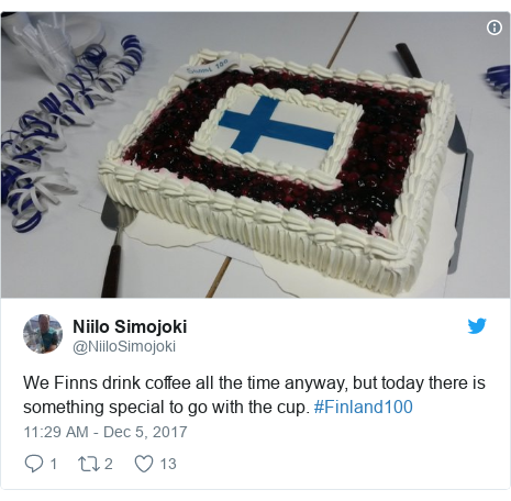 Twitter post by @NiiloSimojoki: We Finns drink coffee all the time anyway, but today there is something special to go with the cup. #Finland100 