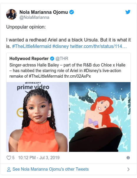 Twitter post by @NolaMarianna: Unpopular opinion  I wanted a redhead Ariel and a black Ursula. But it is what it is. #TheLittleMermaid #disney 