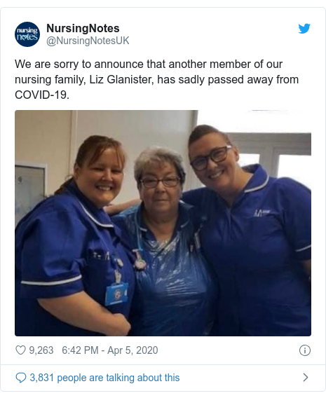 Twitter post by @NursingNotesUK: We are sorry to announce that another member of our nursing family, Liz Glanister, has sadly passed away from COVID-19. 