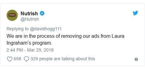 Twitter post by @Nutrish: We are in the process of removing our ads from Laura Ingraham’s program.