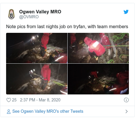 Twitter post by @OVMRO: Note pics from last nights job on tryfan, with team members 