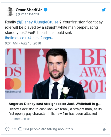Twitter post by @OmarSharifJr: Really @Disney #JungleCruise ? Your first significant gay role will be played by a straight white man perpetuating stereotypes? Fail! This ship should sink. 