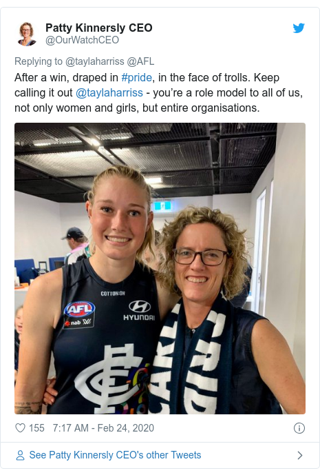 Twitter post by @OurWatchCEO: After a win, draped in #pride, in the face of trolls. Keep calling it out @taylaharriss - you’re a role model to all of us, not only women and girls, but entire organisations. 