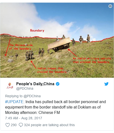 Twitter post by @PDChina: #UPDATE  India has pulled back all border personnel and equipment from the border standoff site at Doklam as of Monday afternoon  Chinese FM 